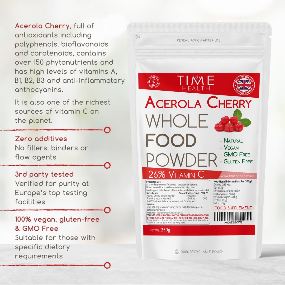 Acerola Cherry Spray Dried Juice Powder Natural Vitamin C content 26% - 250g 500g