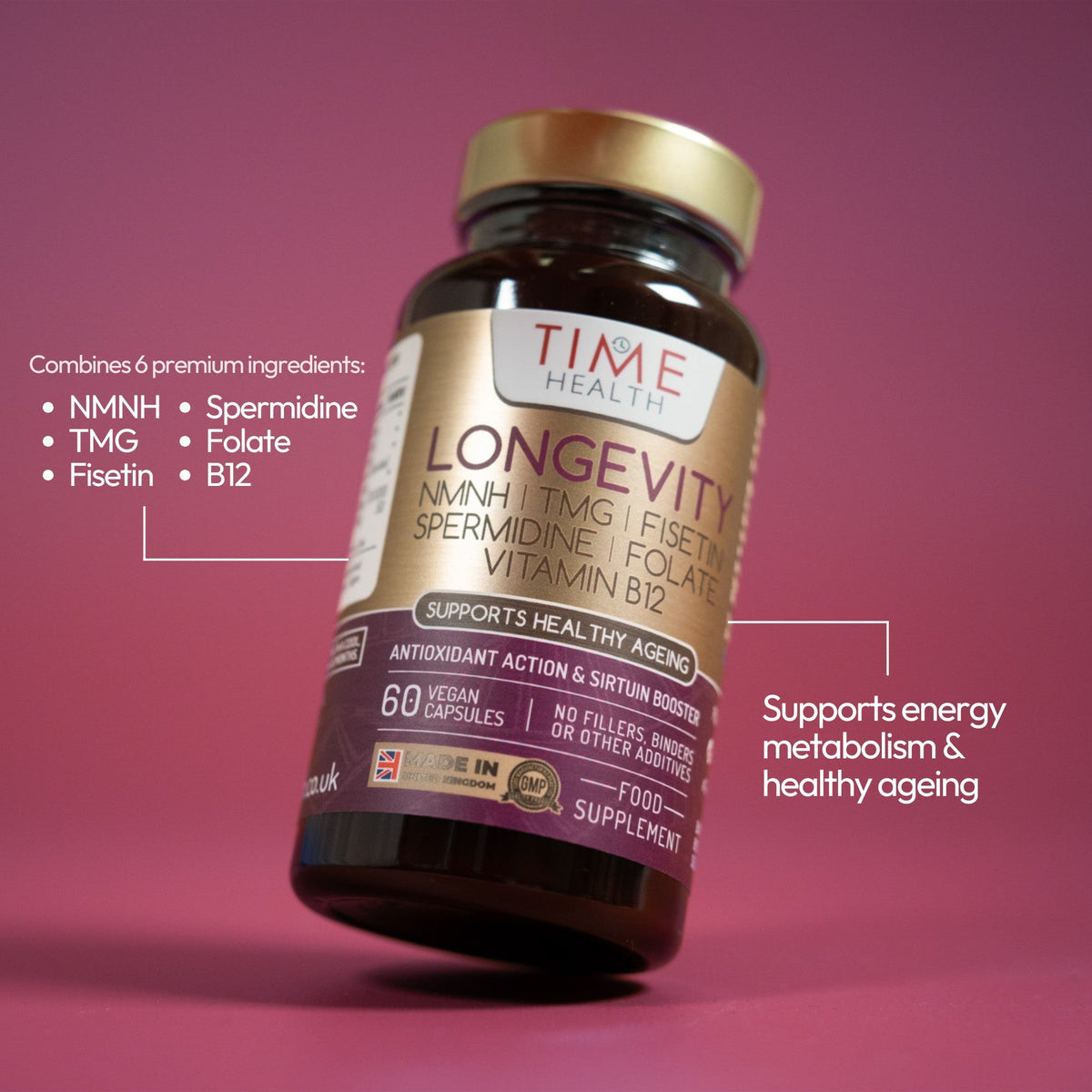 Longevity - NMNH, TMG, Spermidine, Fisetin, Folate & B12 - Supports Cellular Energy & Anti-Ageing - 60 Capsules
