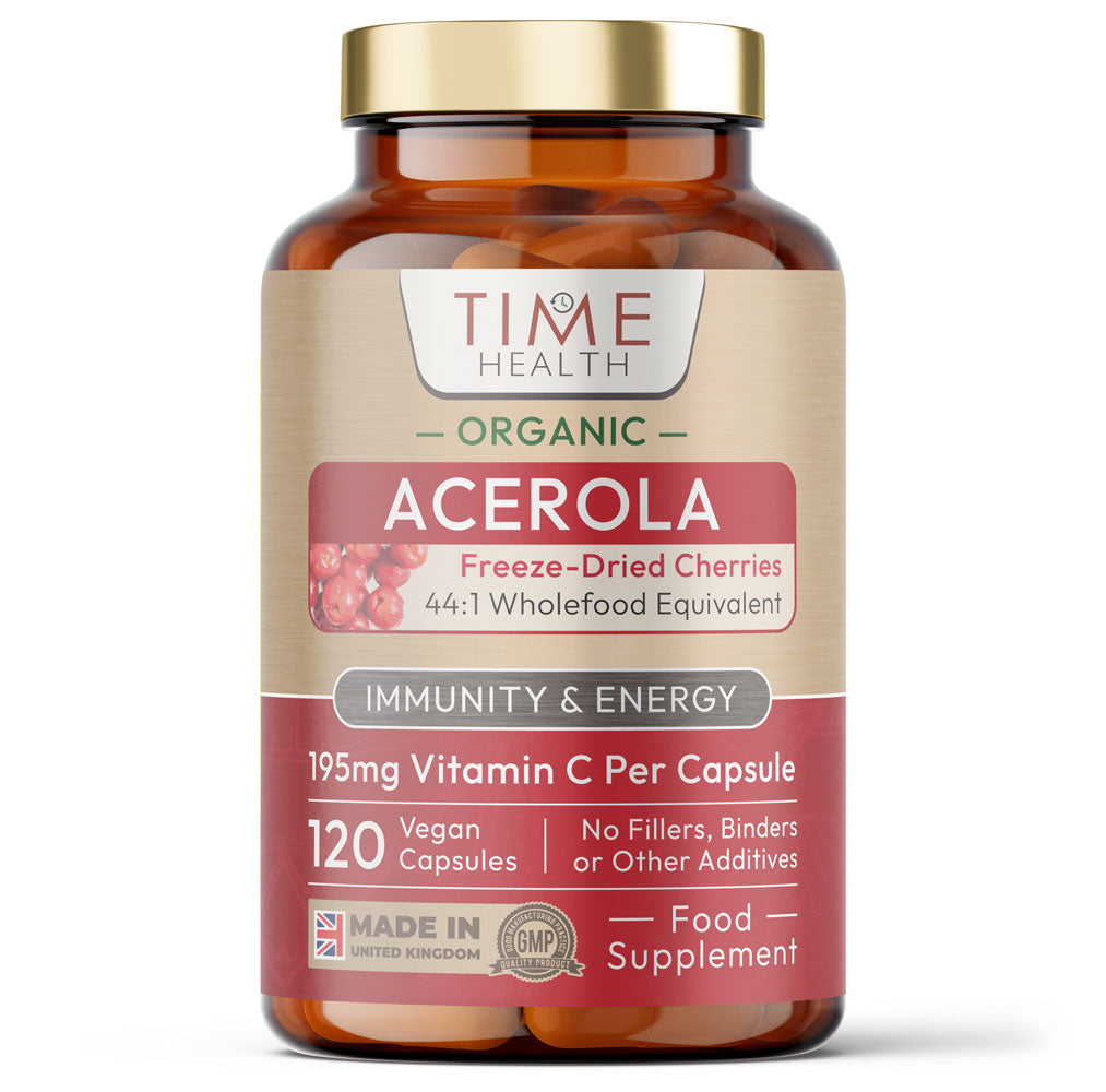 Bottle of Time Health Organic Acerola Vitamin C supplement on a white background