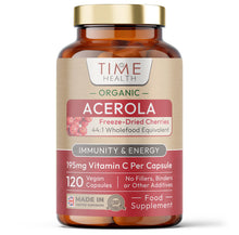 Bottle of Time Health Organic Acerola Vitamin C supplement on a white background