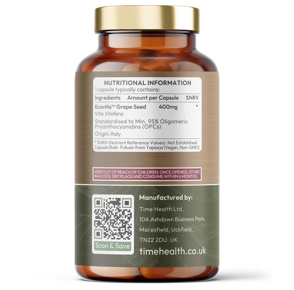 OPC Grape Seed Extract Capsules - Min. 95% OPCs - Made with Italian Vineyard Grapes - Premium Brand Ecovitis™ Grapeseed Extract - 60 Capsules