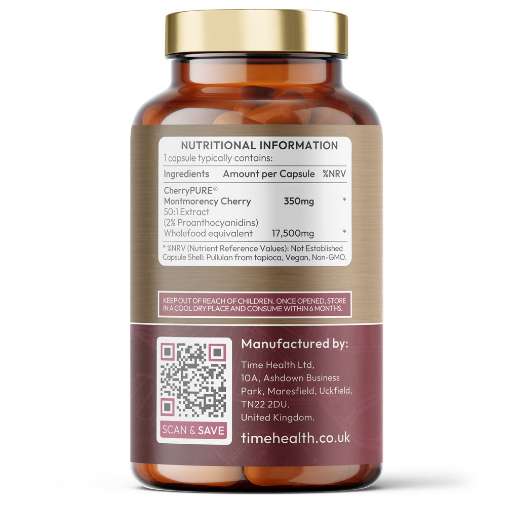 Montmorency Cherry (Prunus Cerasus) Capsules - Maximum Strength 50:1 Extract - 17500mg Wholefood Equivalent per Capsule - Made with CherryPURE® Tart / Sour Cherries 2% Proanthocyanidins