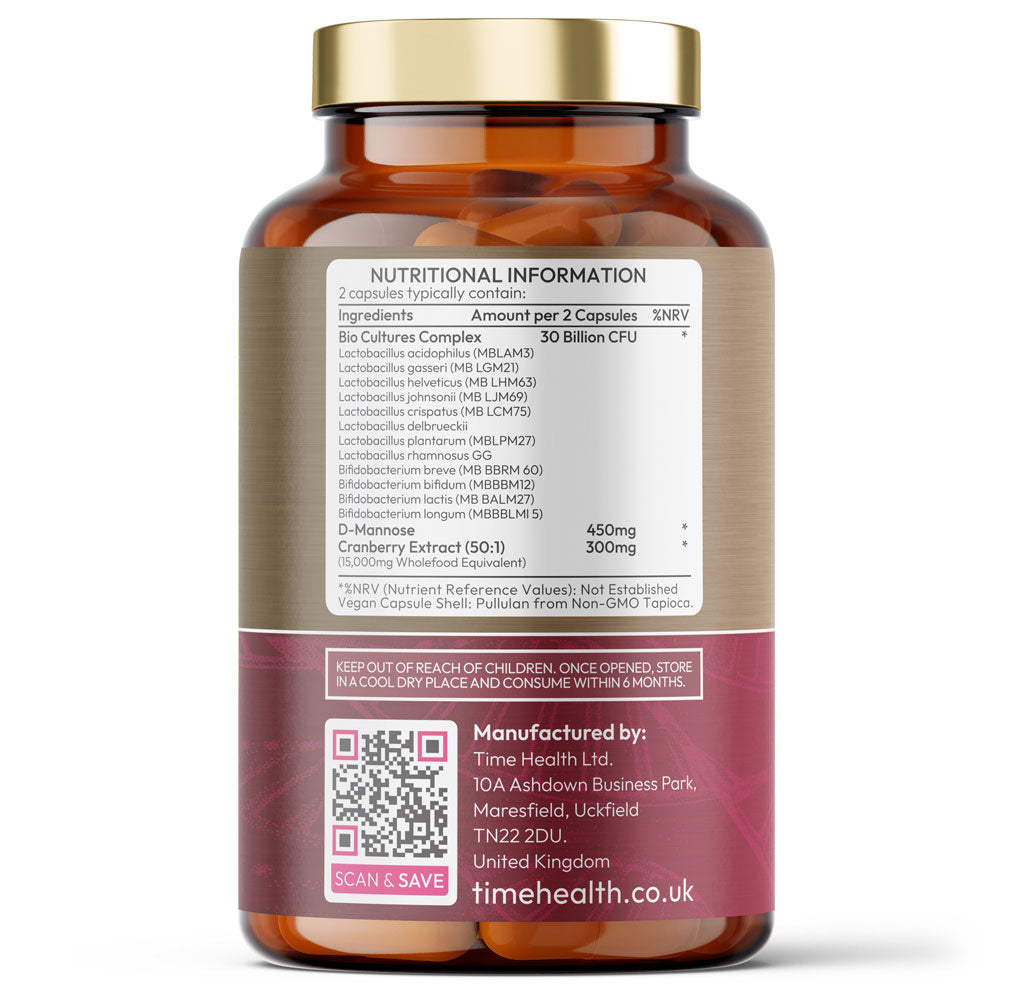 Intimate Flora for Women - Bio Cultures - 30 Billion CFU - Vaginal Microbiome & UTI Support - Probiotics, Cranberry, D-Mannose - 120 Capsules