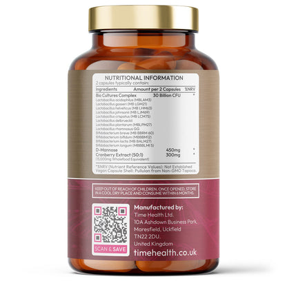Intimate Flora for Women - Bio Cultures - 30 Billion CFU - Vaginal Microbiome & UTI Support - Probiotics, Cranberry, D-Mannose - 120 Capsules