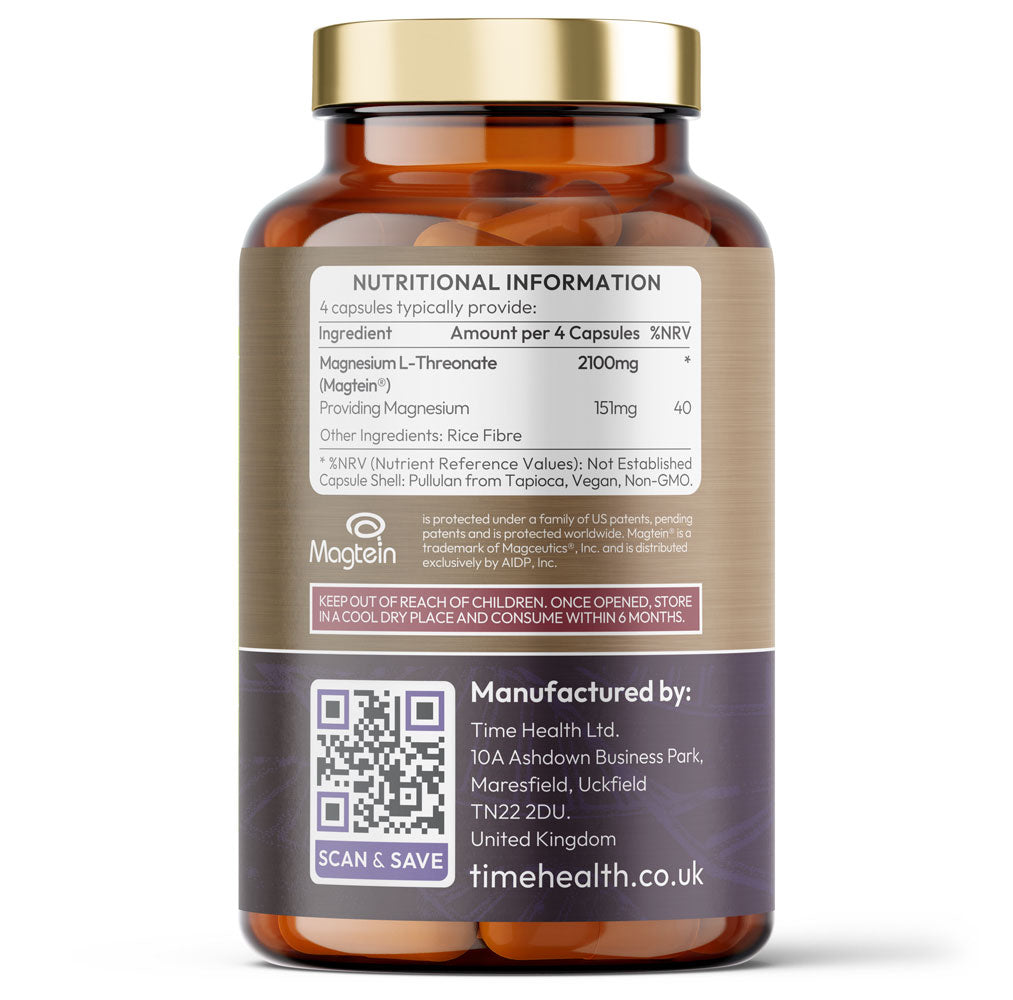 Bottle of Time Health Magtein Magnesium L-Threonate supplement on a white background
