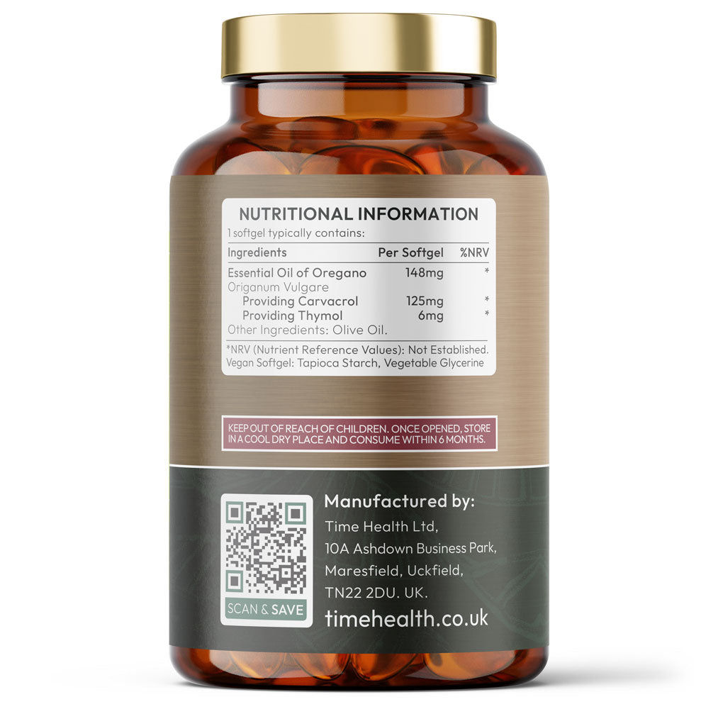 Bottle of Time Health Oregano Oil supplement on a white background
