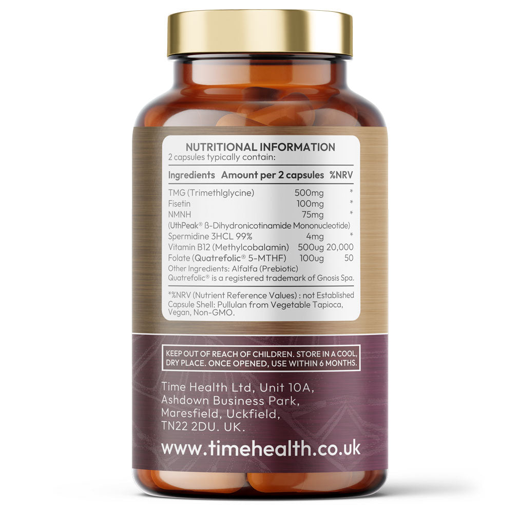 Longevity - NMNH, TMG, Spermidine, Fisetin, Folate & B12 - Supports Cellular Energy & Anti-Ageing - 60 Capsules