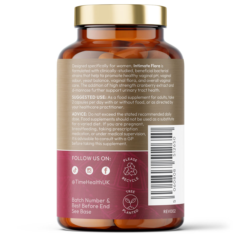 Intimate Flora for Women - Bio Cultures - 30 Billion CFU - Vaginal Microbiome & UTI Support - Probiotics, Cranberry, D-Mannose - 120 Capsules
