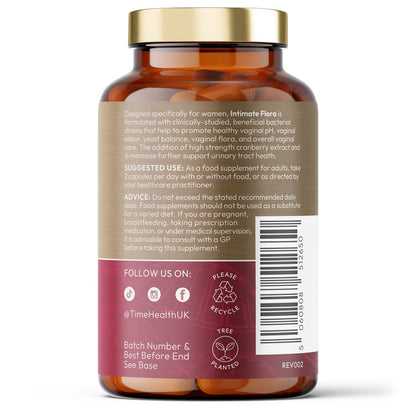 Intimate Flora for Women - Bio Cultures - 30 Billion CFU - Vaginal Microbiome & UTI Support - Probiotics, Cranberry, D-Mannose - 120 Capsules