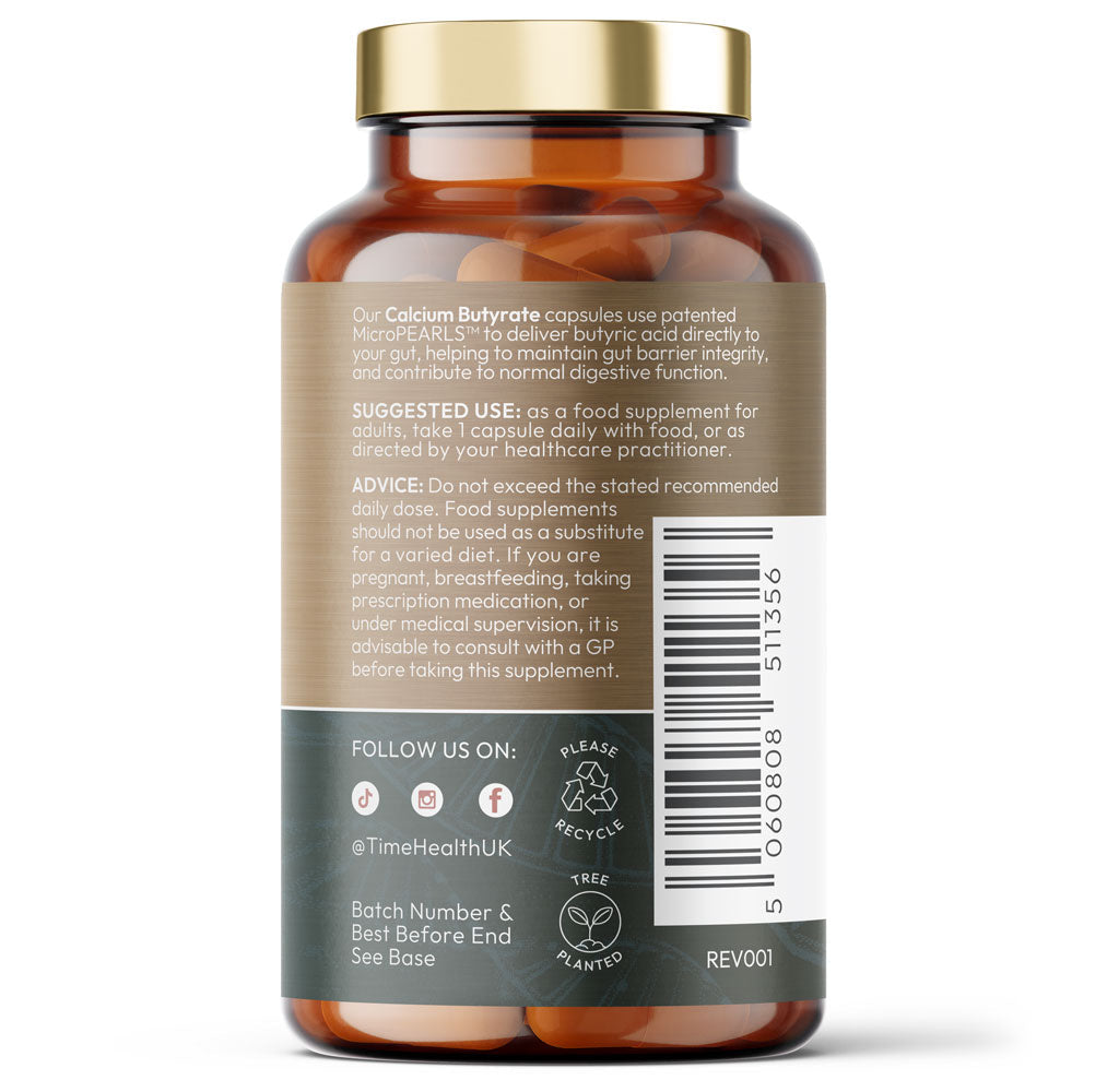 Back view of a bottle of Time Health's ButiShield Calcium Butyrate with label and barcode on a white background