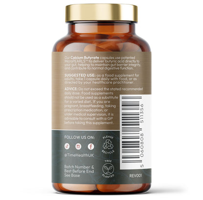 Back view of a bottle of Time Health's ButiShield Calcium Butyrate with label and barcode on a white background