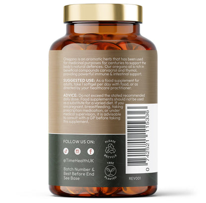 Back view of a bottle of Time Health Oregano Oil supplement on a white background