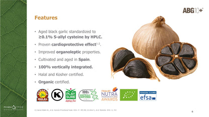 Black garlic with certification logos on a green background