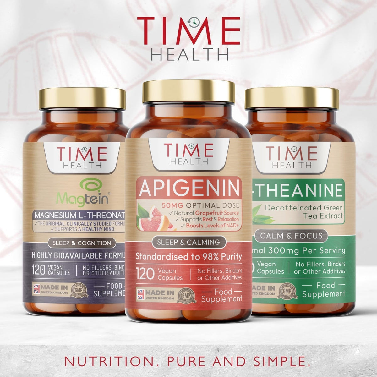 ThreeTime Health supplement bottles labeled Magtein, Apigenin, and Theanine on a light background.