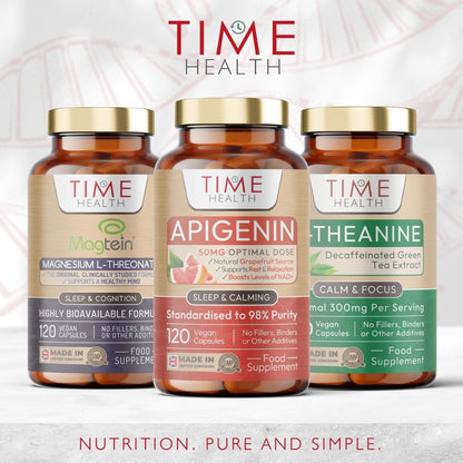 ThreeTime Health supplement bottles labeled Magtein, Apigenin, and Theanine on a light background.
