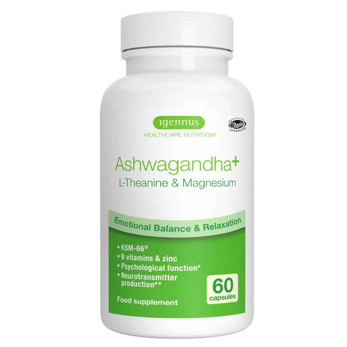 Supplement bottle labeled 'Ashwagandha + L-Theanine & Magnesium' by igennus on a white background