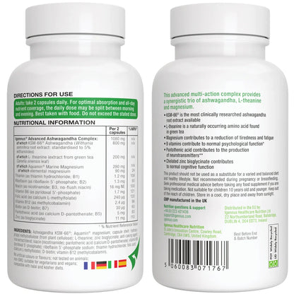 Two supplement bottles with labels showing directions for use and nutritional information.