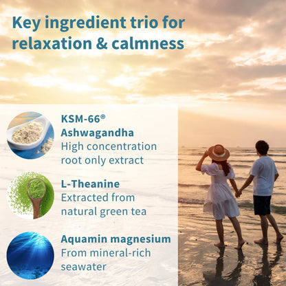 Couple walking on a beach at sunset with key ingredient trio for relaxation and calmness displayed on the left.