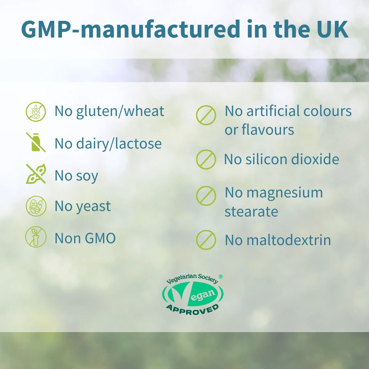 List of allergen-free and certification details on a blurred natural background
