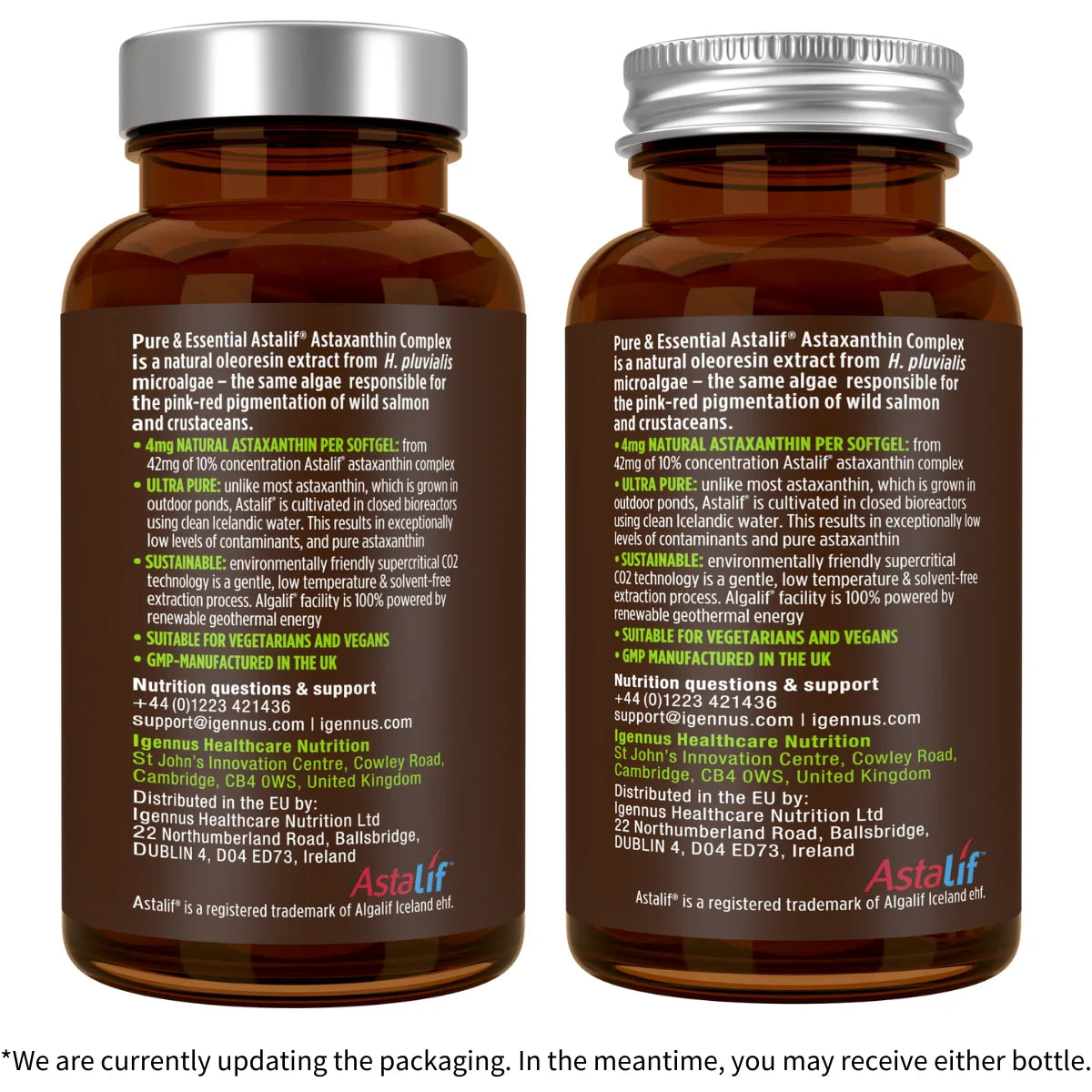 Two bottles of AstaLif Astaxanthin Complex with labels on a white background.