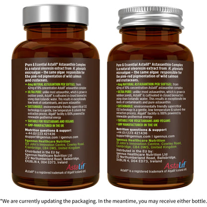 Two bottles of AstaLif Astaxanthin Complex with labels on a white background.