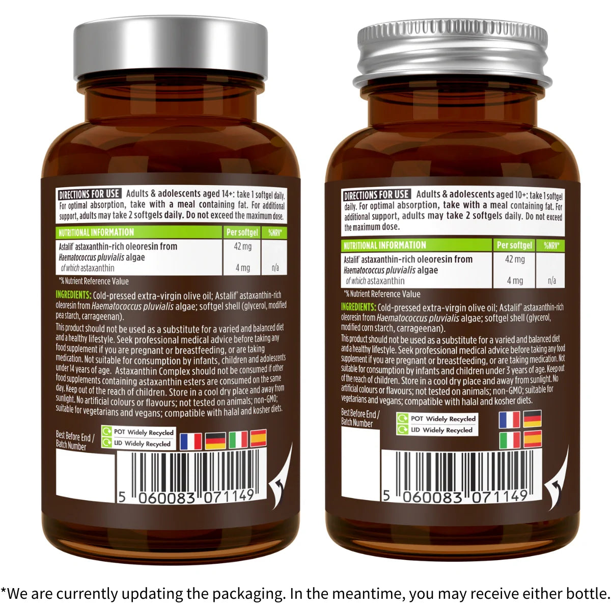Two brown supplement bottles with labels on a white background