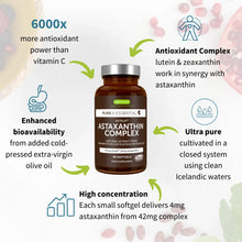 Bottle of Astaxanthin Complex supplement with text highlighting its benefits on a light background.