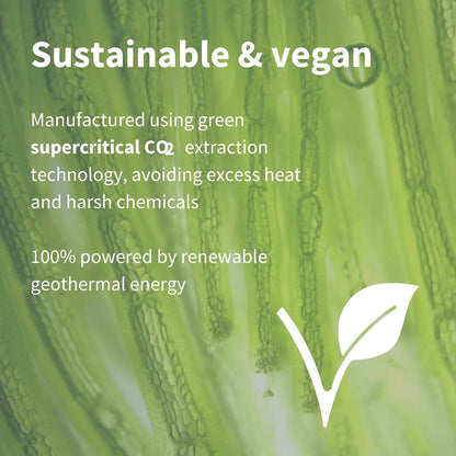 Green background with text about sustainable and vegan manufacturing, featuring a leaf icon.