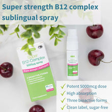 Super strength B12 complex sublingual spray packaging with cherries on a white background