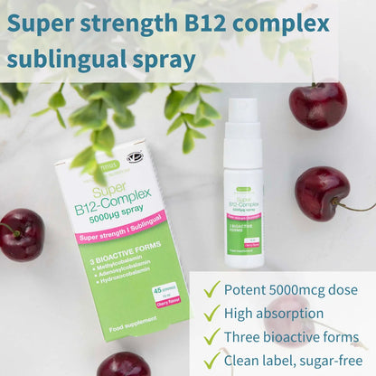 Super strength B12 complex sublingual spray packaging with cherries on a white background