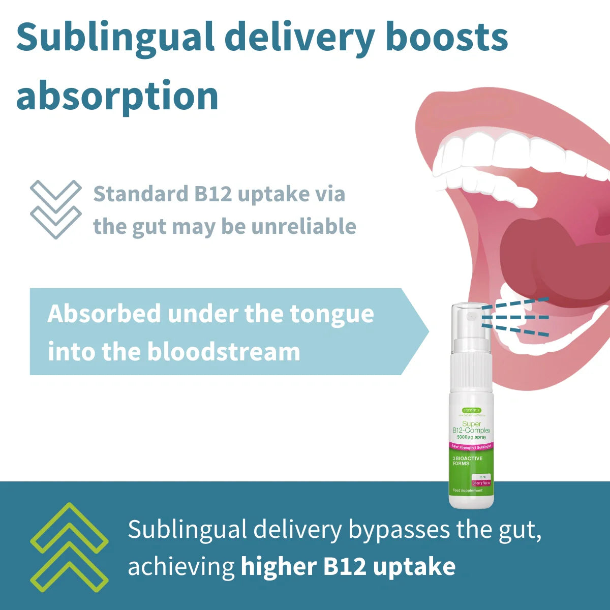 Diagram showing sublingual delivery of a supplement with text explaining its benefits.