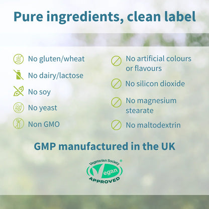 List of pure ingredients and manufacturing details with a focus on vegan approval.