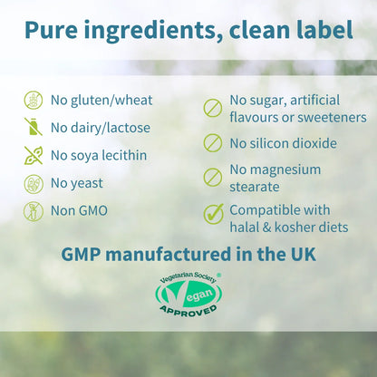 List of product ingredients and certifications on a green background