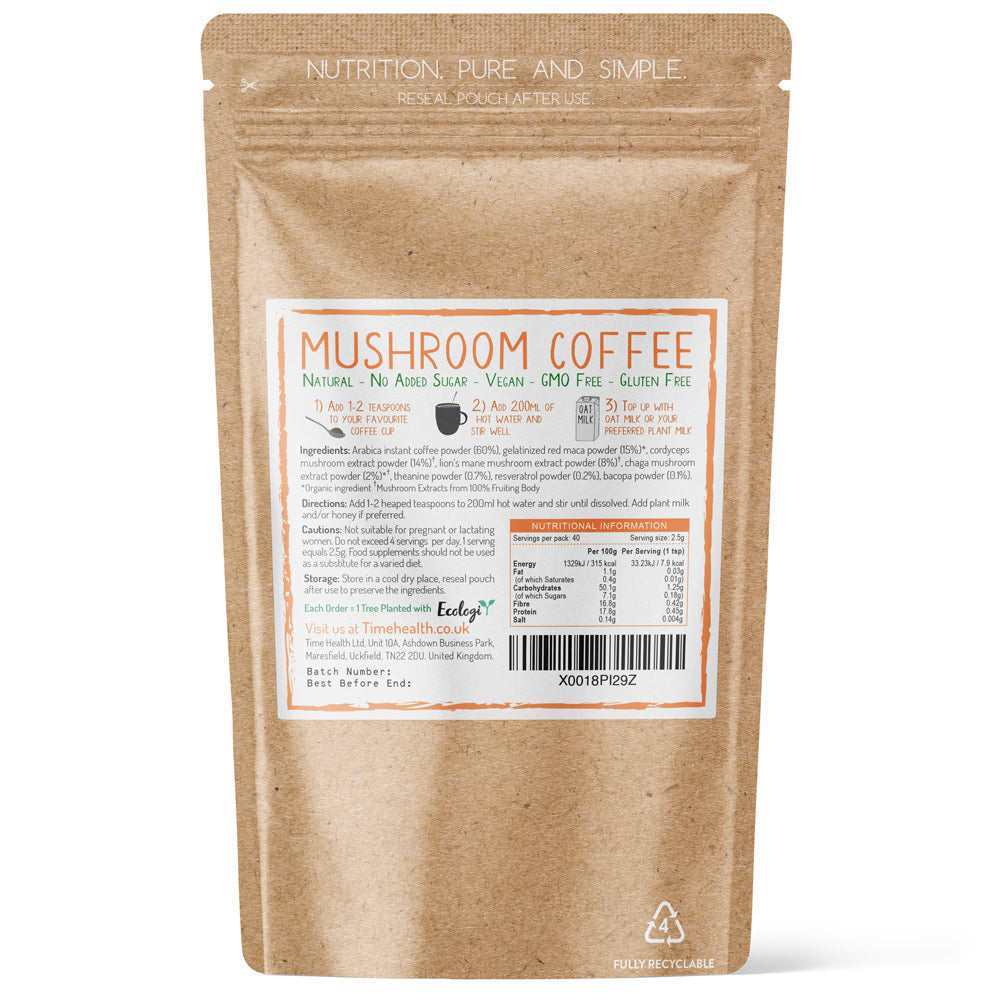 Mushroom Coffee (Instant) – High Strength – Arabica Coffee, Lion’s Mane, Cordyceps, Chaga, Maca, L-Theanine, Bacopa & Resveratrol Natural Energy & Focus