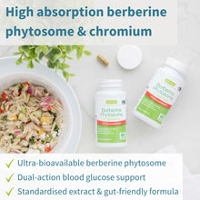 Supplement bottles labeled 'Berberine Phytosome' and 'Chromium' with a bowl of salad on a light background.