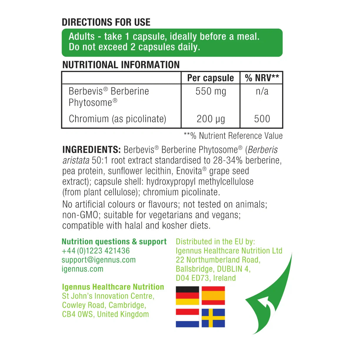 Nutritional label for a supplement with directions, nutritional information, and ingredient list.