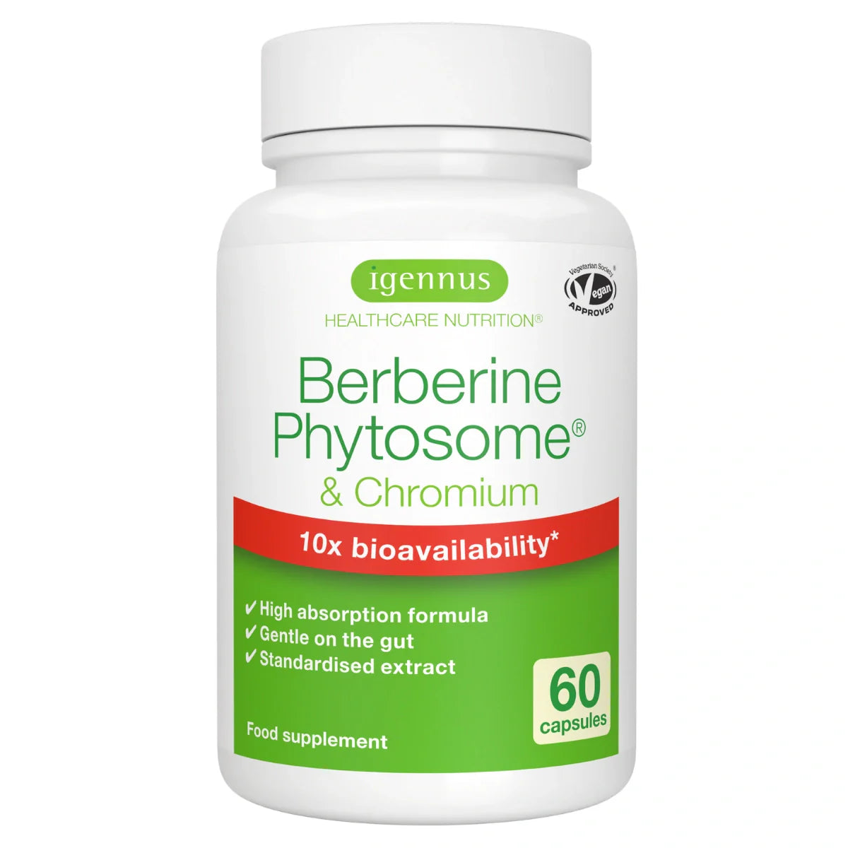 Supplement bottle labeled 'Berberine Phytosome & Chromium' by igennus on a white background