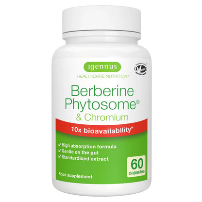 Supplement bottle labeled 'Berberine Phytosome & Chromium' by igennus on a white background