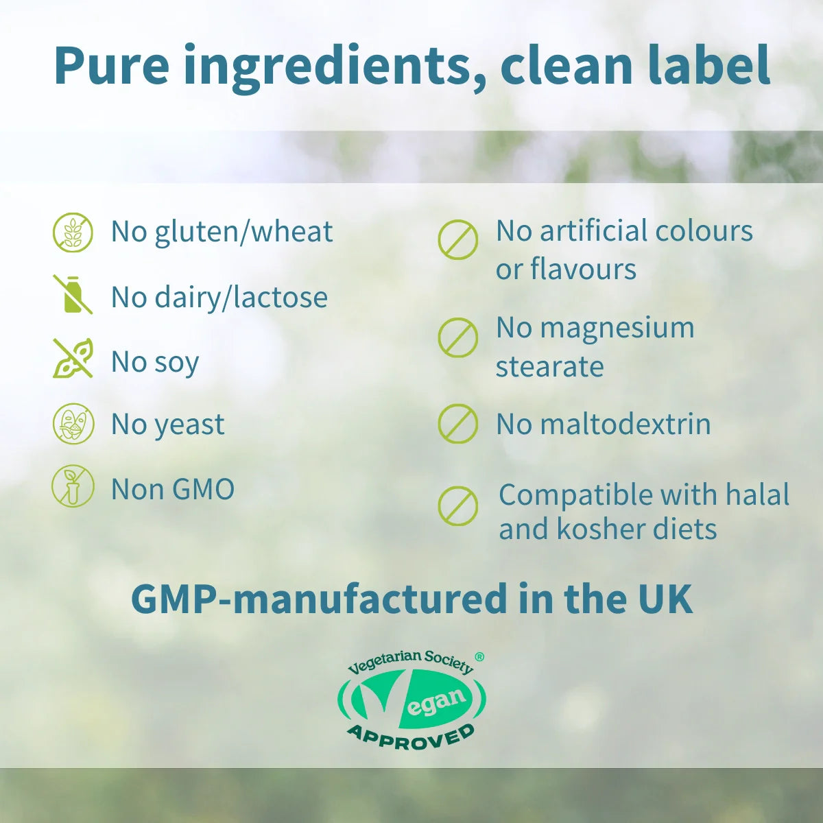 List of product ingredients and manufacturing details with a blurred green background
