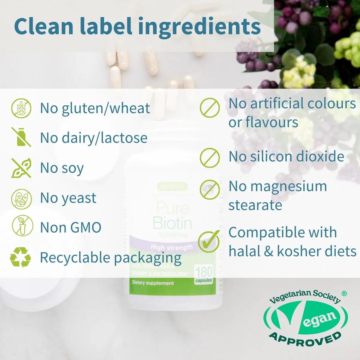 Vitamins with clean label ingredients text overlay on a blurred background