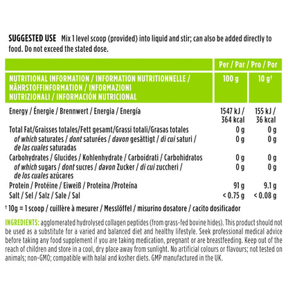Nutritional information and ingredient list for a protein supplement on a white background