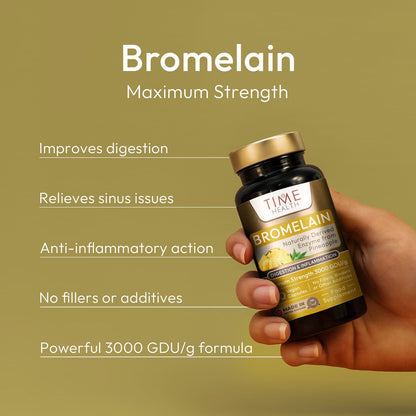 Bottle of Time Health Bromelain supplement held by a hand with product details on a green background | Hover