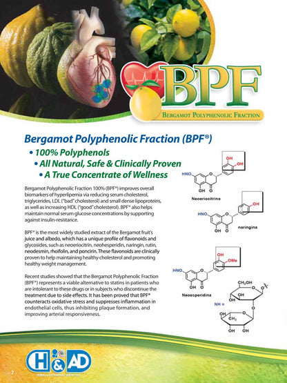 Advertisement for Bergamot Polyphenolic Fraction (BPF) with graphics and text on a green background.