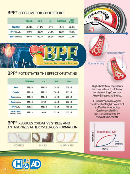 BPF cholesterol management product with scientific graphics and text on a colorful background