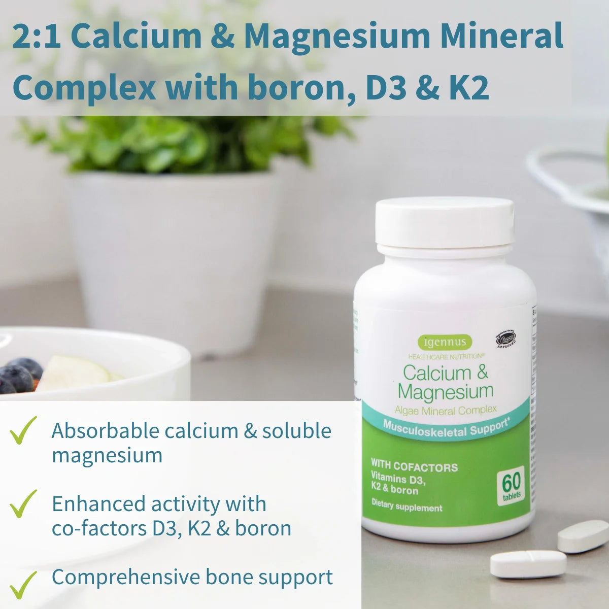 Supplement bottle labeled 'Calcium & Magnesium' with product details on a blurred background