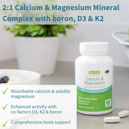 Supplement bottle labeled 'Calcium & Magnesium' with product details on a blurred background