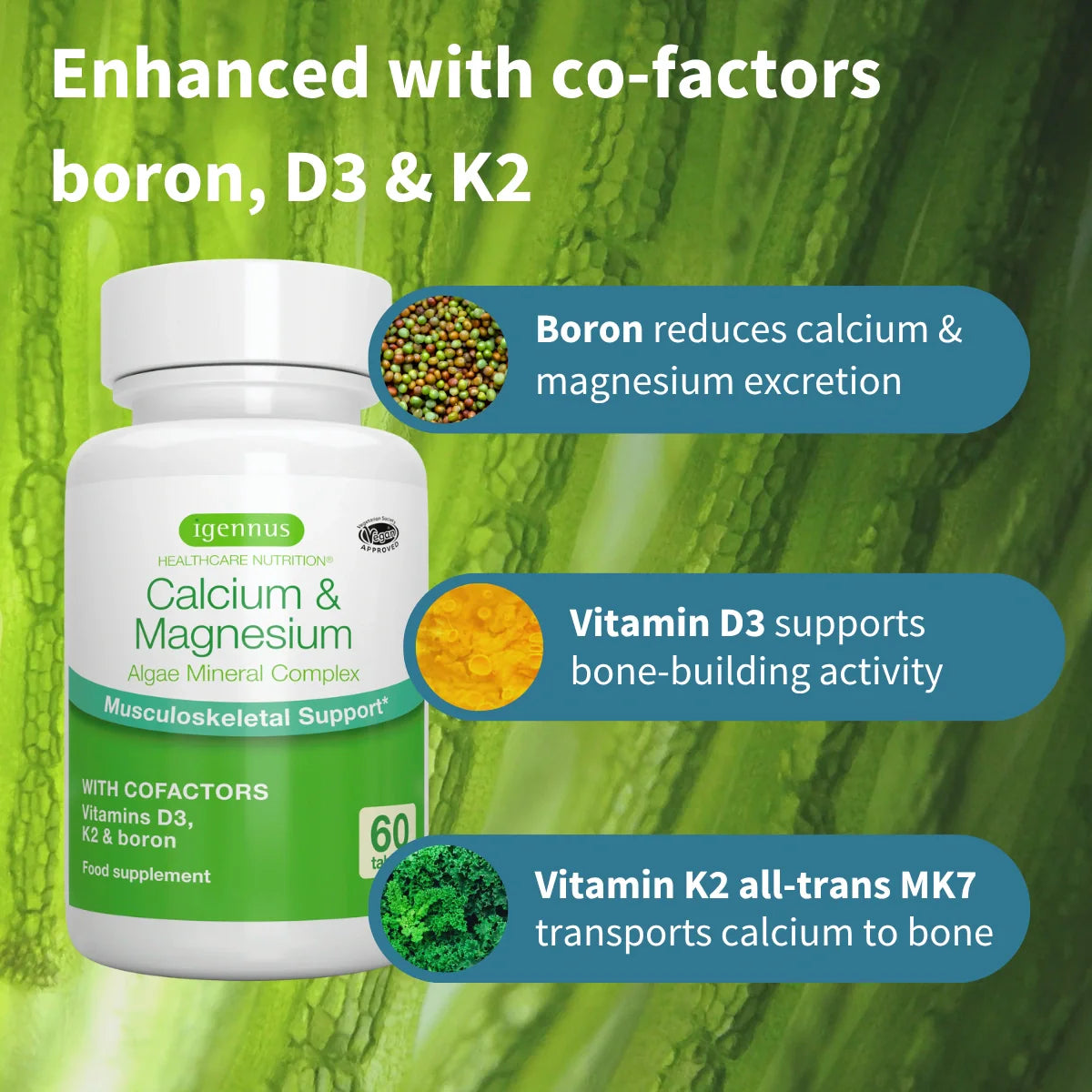 Calcium and magnesium supplement bottle with co-factor information on a green background
