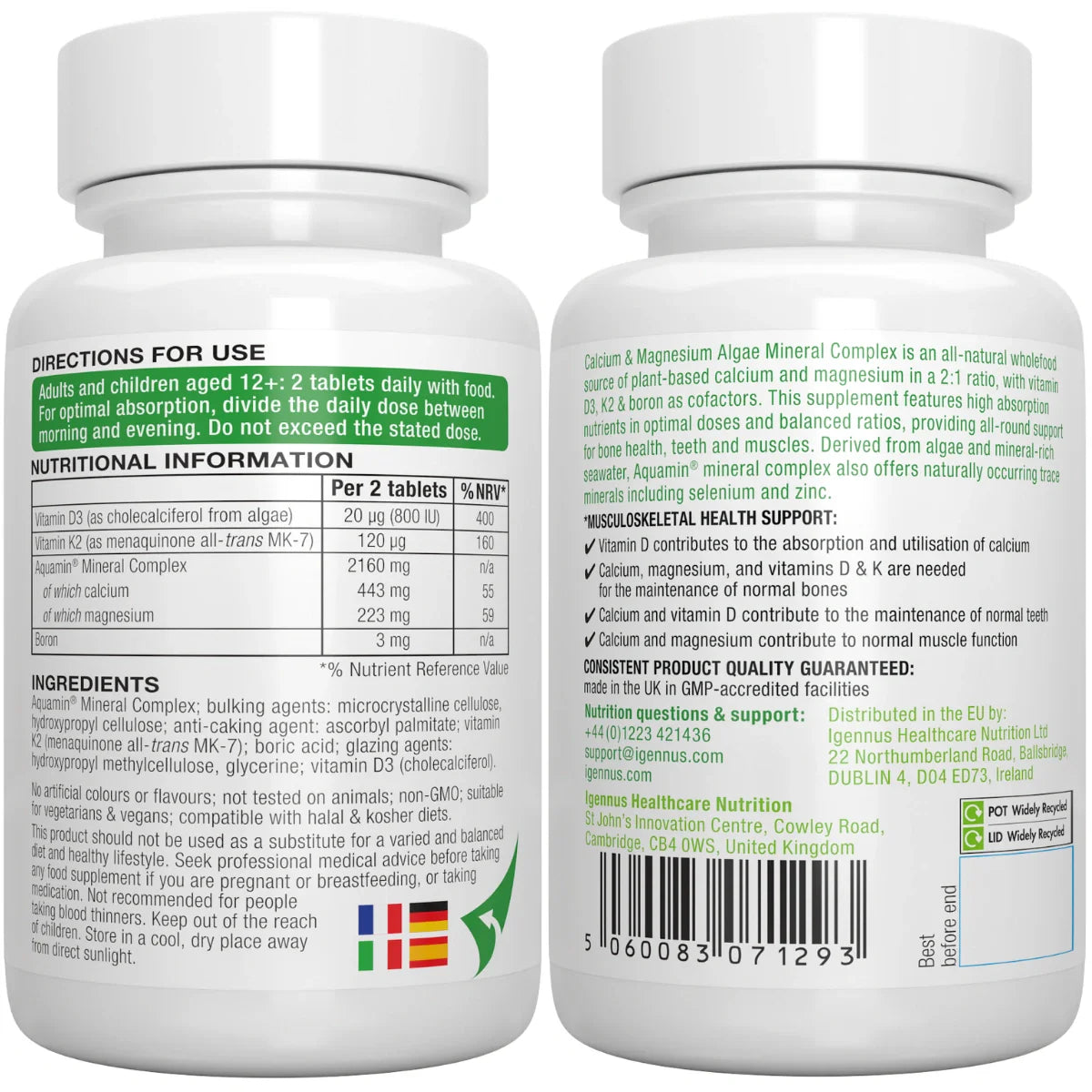 Two bottles of a calcium and magnesium supplement with nutritional information and directions for use on the labels.