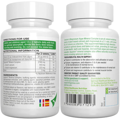 Two bottles of a calcium and magnesium supplement with nutritional information and directions for use on the labels.