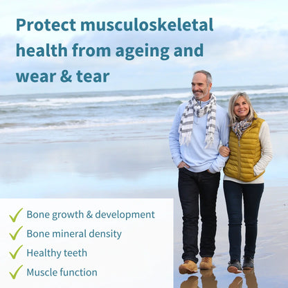 Man and woman standing on a beach with text about protecting musculoskeletal health.